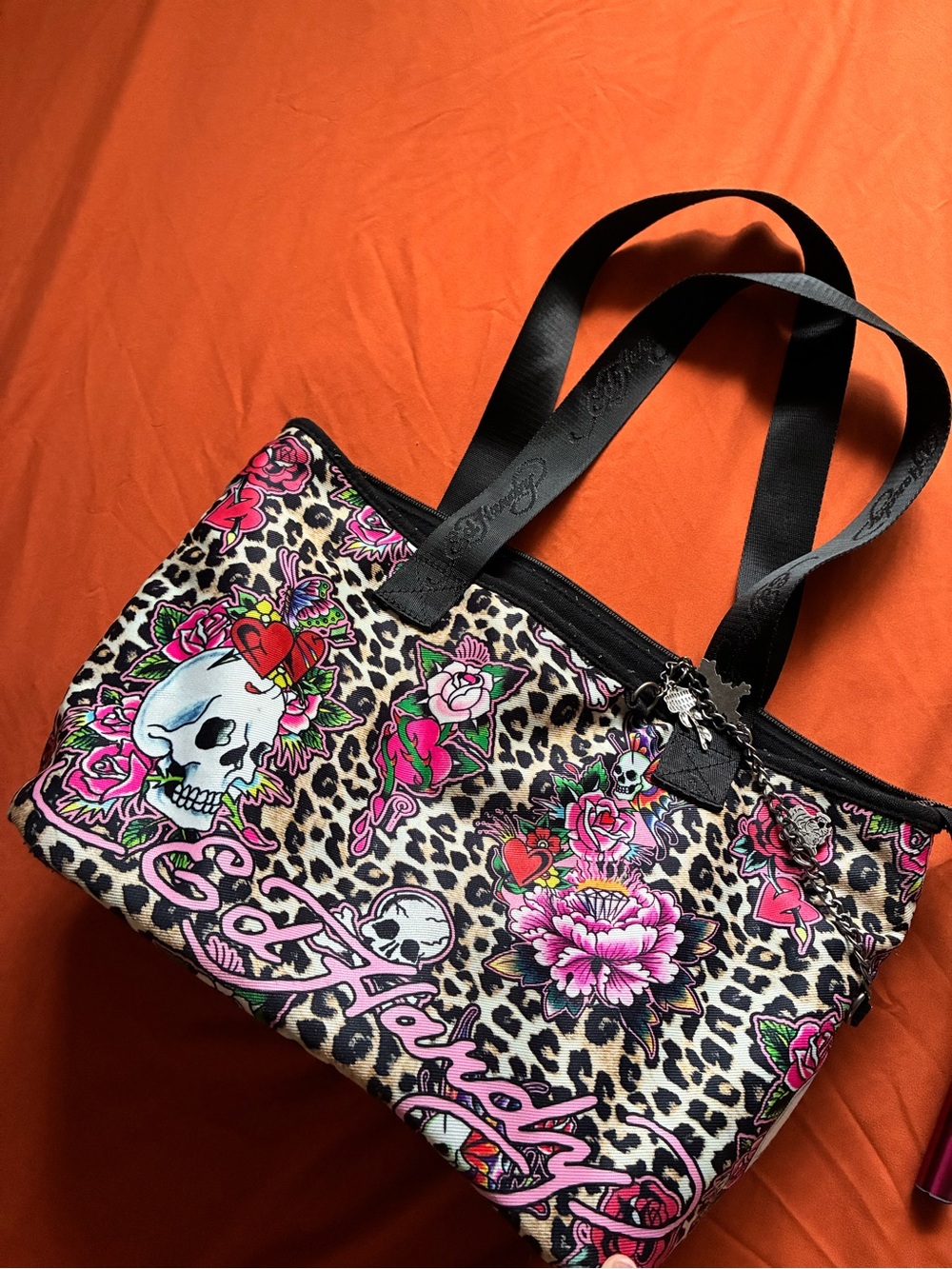 Ed Hardy Leopard Print Tote with Pink Floral & Skull Graphics